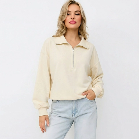 Women Half Zip Lapel Sweatshirt Casual Long Sleeve Drop Shoulder Pullover Solid Color Autumn Winter Fashion Loose Top