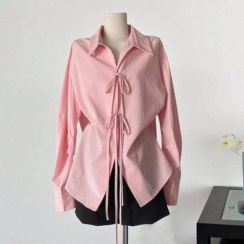 Chemisier Élégant Rose à Manches Longues pour Femme avec Nœud à l'Avant Col à Revers Ourlet Asymétrique Blouse Ample Automne