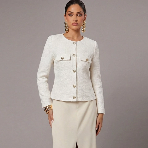 Damen Französischer Stil Tweed Jacke Elegant Rundhals Einreihig Langarm Außenbekleidung Mit Goldenen Knöpfen Polyester Jacke