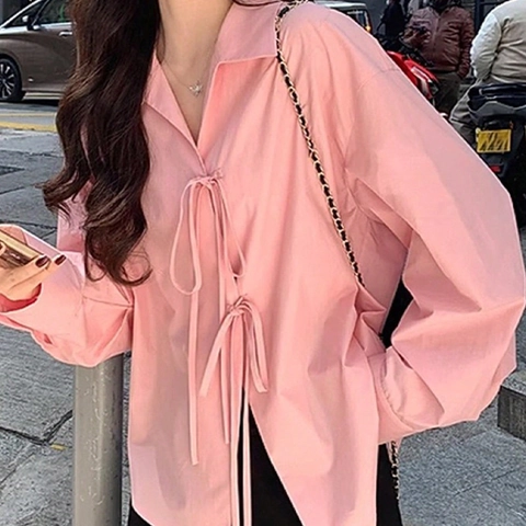 Chemisier Élégant Rose à Manches Longues pour Femme avec Nœud à l'Avant Col à Revers Ourlet Asymétrique Blouse Ample Automne