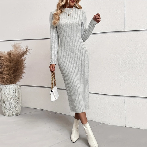 Women Elegant Ribbed Knit Maxi Dress Slim Fit Long Sleeve Round Neck Bodycon Solid Color Casual Fall Winter Dress