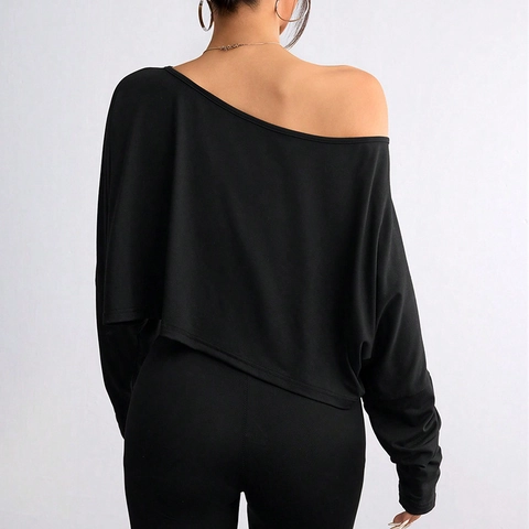 Conjunto de Mujer Top Corto de Manga Larga con Hombros Descubiertos y Pantalones Ajustados de Cintura Alta Ropa Sexy Casual