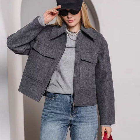 Chaqueta Corta de Textura de Lana Casual para Mujer Solapa Bolsillos Grandes Cremallera de Metal Color Sólido Gris Abrigo