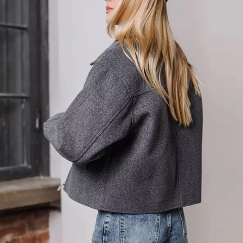 Chaqueta Corta de Textura de Lana Casual para Mujer Solapa Bolsillos Grandes Cremallera de Metal Color Sólido Gris Abrigo
