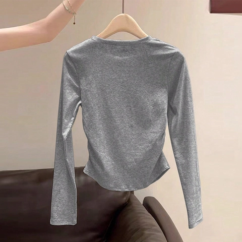 Women Casual Ruched Long Sleeve T-Shirt Round Neck Slim Fit Bow Print Curved Hem Solid Color Stretch Jersey Top