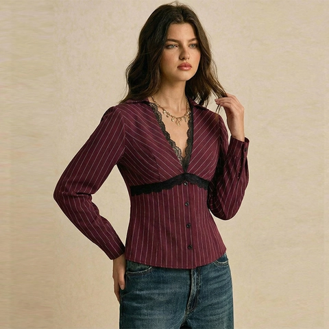 Damen Elegant Weinrot Gestreift Langarm Bluse Sexy V-Ausschnitt Schwarz Spitze Patchwork Slim Fit Knopfleiste Hemd Top