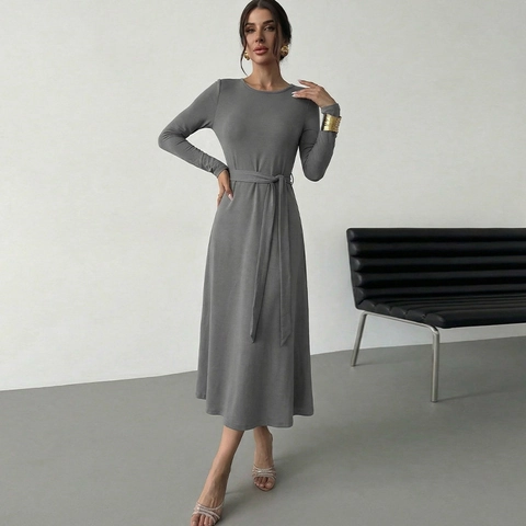 Vestido Midi De Punto Elegante Para Mujer Manga Larga Cuello Redondo Color Sólido Vestido Línea A Con Cinturón Para Oficina