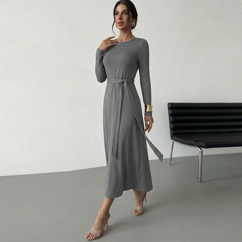 Vestido Midi De Punto Elegante Para Mujer Manga Larga Cuello Redondo Color Sólido Vestido Línea A Con Cinturón Para Oficina
