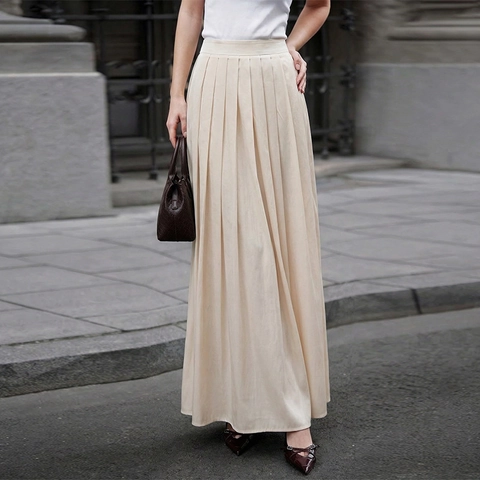 Elegante Falda de Cintura Alta Plisada de Satén Falda Maxi para Mujer Color Sólido Fluida Falda de Línea A Falda Larga