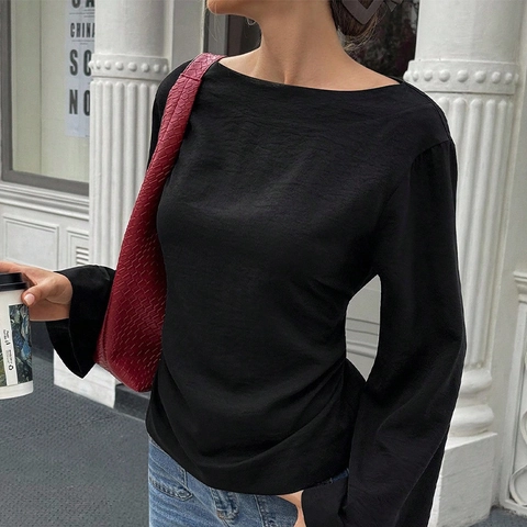 Women Elegant Long Bell Sleeve Off Shoulder Blouse Polyester Chic Side Tie Ruffle Solid Color Commuter Pullover Shirt Top