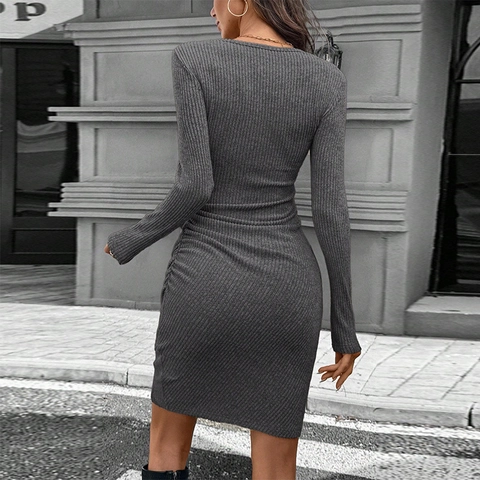 Women's Elegant Ribbed Knit Long Sleeve Midi Dress Slim Fit Ruched Asymmetrical Wrap Bodycon Dresses Solid Color