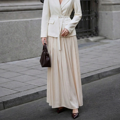 Elegante Falda de Cintura Alta Plisada de Satén Falda Maxi para Mujer Color Sólido Fluida Falda de Línea A Falda Larga