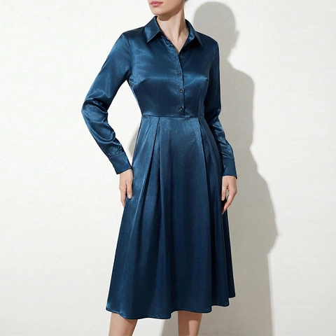 Vestido Midi Elegante de Satén para Mujer Cuello de Solapa Abotonado Color Sólido Plisado Línea A Vestido de Oficina