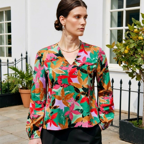 Blouse Imprimée à Manches Longues avec Col en V Élégante pour Femmes Haut Pullover Décontracté avec Motif de Feuilles Tropicales