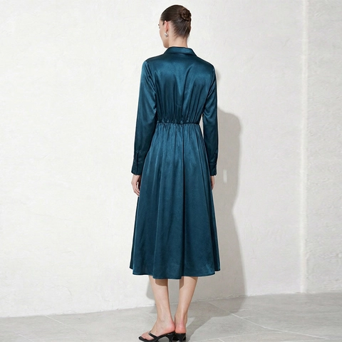 Vestido Midi Elegante de Satén para Mujer Cuello de Solapa Abotonado Color Sólido Plisado Línea A Vestido de Oficina