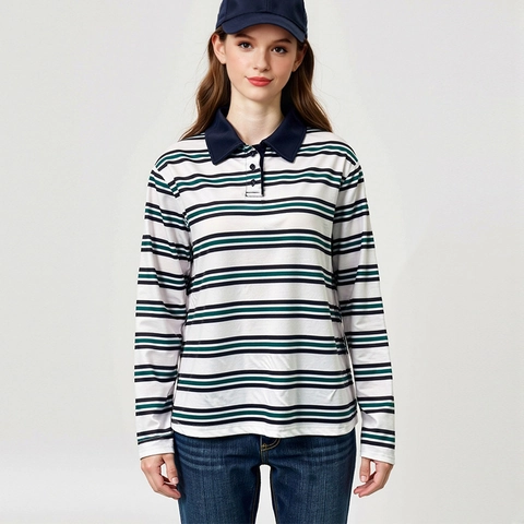 Polo Rayé à Manches Longues pour Femmes Haut Décontracté à Col Contrasté et Boutons Pull Rayé Style Rétro
