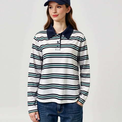 Polo Rayé à Manches Longues pour Femmes Haut Décontracté à Col Contrasté et Boutons Pull Rayé Style Rétro