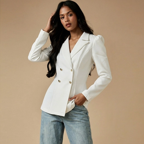 Dames Elegante Witte Double-Breasted Blazer Jas Pofmouwen Revers Lange Mouwen Slim Fit Kantoor Woon-Werkverkeer Pak Jas