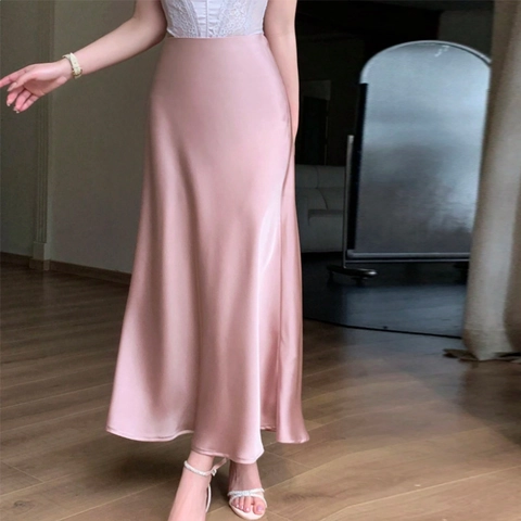 Gonna Midi Elegante in Raso Rosa da Donna Vita Alta Gonna a Sirena a Coda di Pesce Raso di Poliestere Ufficio Vestibilità Slim Gonna Lunga