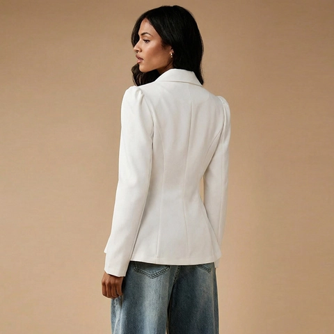 Dames Elegante Witte Double-Breasted Blazer Jas Pofmouwen Revers Lange Mouwen Slim Fit Kantoor Woon-Werkverkeer Pak Jas
