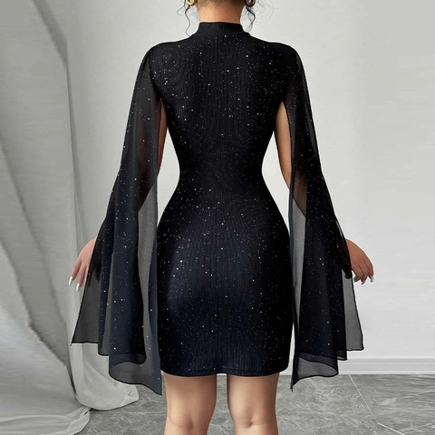 Elegant Women Cape Sleeve Rhinestone Bodycon Mini Dress High Neck Sparkly Party Dress For Banquet Evening Social Club