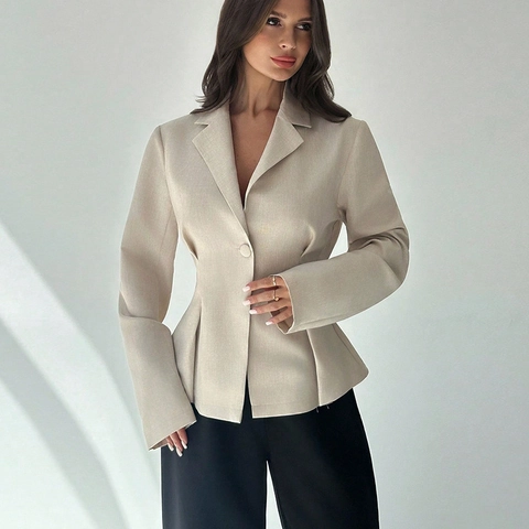 Dames Elegant Slim Fit Blazer Jas Effen Kleur Revers Eén Knop Taille Zoom Kantoor Herfst Winter Bovenkleding
