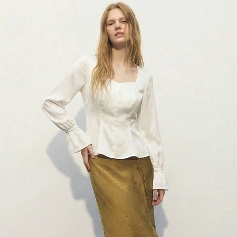 Women Elegant Satin Peplum Blouse Long Lantern Sleeve Square Neck Slim Fit Ruffle Cuffs Pullover Top Spring Fall Shirt