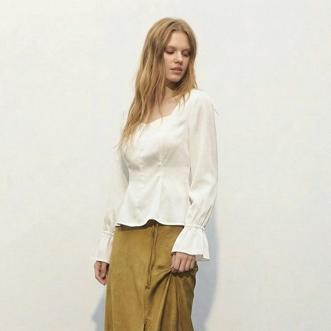 Women Elegant Satin Peplum Blouse Long Lantern Sleeve Square Neck Slim Fit Ruffle Cuffs Pullover Top Spring Fall Shirt
