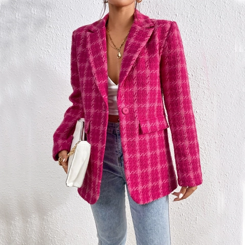 Women Plaid Tweed Blazer Jacket Elegant Notch Lapel Single Breasted Mid Length Outerwear Rose Red Long Sleeve Coat