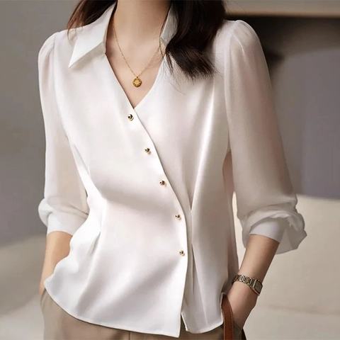 Damen Elegantes Satin Langarmhemd V-Ausschnitt Asymmetrische Goldene Knöpfe Bluse Slim Fit Einfarbig Büro Dame Pendeln Top