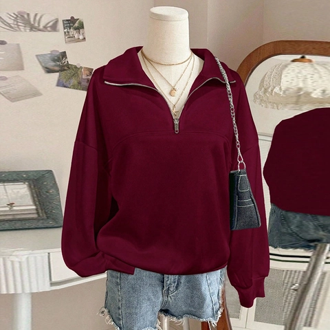 Damen Oversized Sweatshirt mit Halbem Reißverschluss 95% Polyester 5% Elasthan Langarm Drop Shoulder Lockerer Casual Mode Pullover Top