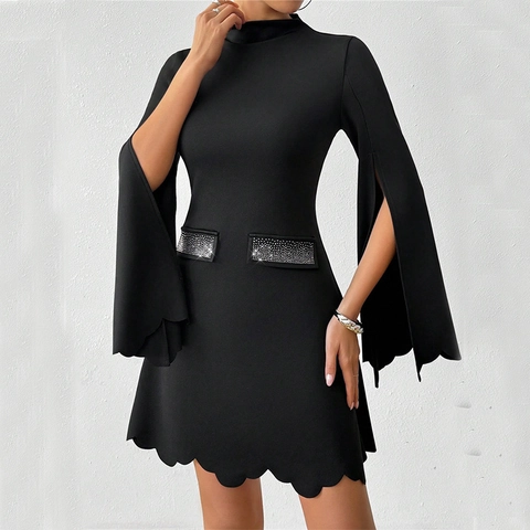 Elegantes Schwarzes Minikleid Damen Mit Wellenkante Und Strass Stehkragen Schlitzglockenärmel Slim Fit Polyester Partykleid
