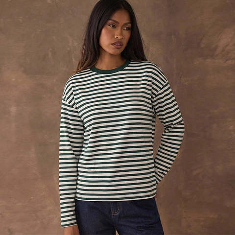 Maglietta da Donna Casual a Righe Orizzontali a Maniche Lunghe Girocollo Pullover Largo Top Verde Bianco Moda Autunnale