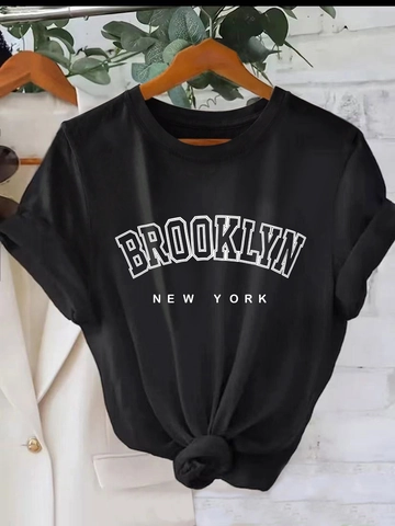 Women's Casual Polyester T-Shirt Brooklyn New York Print Round Neck Short Sleeve Top With Knot Hem Fashion Summer Tee