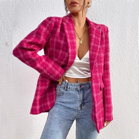 Women Plaid Tweed Blazer Jacket Elegant Notch Lapel Single Breasted Mid Length Outerwear Rose Red Long Sleeve Coat