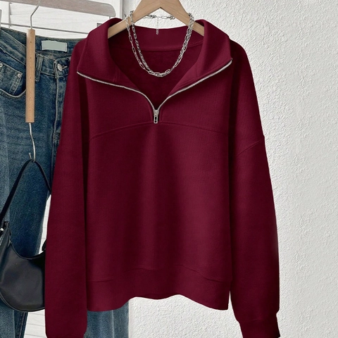Damen Oversized Sweatshirt mit Halbem Reißverschluss 95% Polyester 5% Elasthan Langarm Drop Shoulder Lockerer Casual Mode Pullover Top