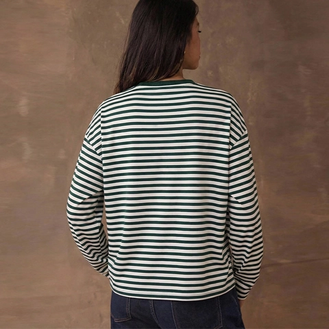 Maglietta da Donna Casual a Righe Orizzontali a Maniche Lunghe Girocollo Pullover Largo Top Verde Bianco Moda Autunnale