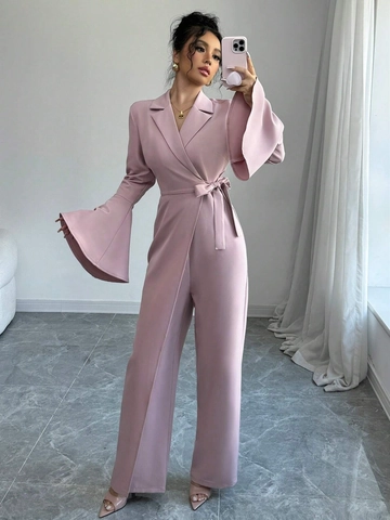 Women Elegant Solid Color Long Flare Sleeve Wide Leg Jumpsuit V-Neck Waist Tie Spring Autumn Fashion Casual Romper