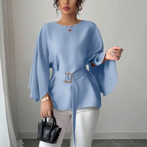 Camicetta Elegante da Donna Tinta Unita Girocollo Manica a Campana Top Con Cintura Effetto Satin Camicia da Ufficio