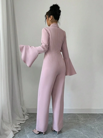 Women Elegant Solid Color Long Flare Sleeve Wide Leg Jumpsuit V-Neck Waist Tie Spring Autumn Fashion Casual Romper