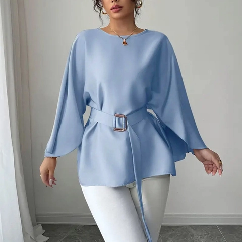 Camicetta Elegante da Donna Tinta Unita Girocollo Manica a Campana Top Con Cintura Effetto Satin Camicia da Ufficio
