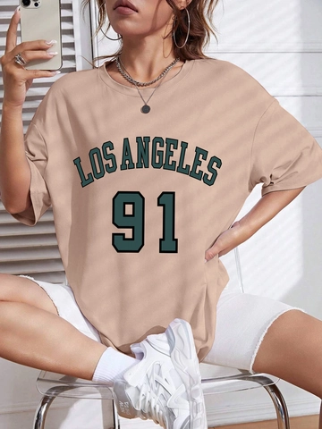 Maglietta Oversize da Donna con Stampa LOS ANGELES 91 Manica Corta Spalla Calata Casual Streetwear Top Girocollo