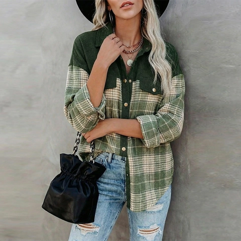 Veste-Chemise Vintage en Velours Côtelé à Carreaux Pour Femmes Décontracté Manches Longues Boutonné Avec Poches à Rabat