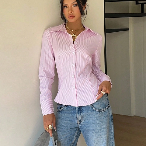 Damen Gestreiftes Hemd Mit Knöpfen Schnürung Hinten Langarm Schmal Geschnittene Bluse Büro Lässig Rosa Weiß Top