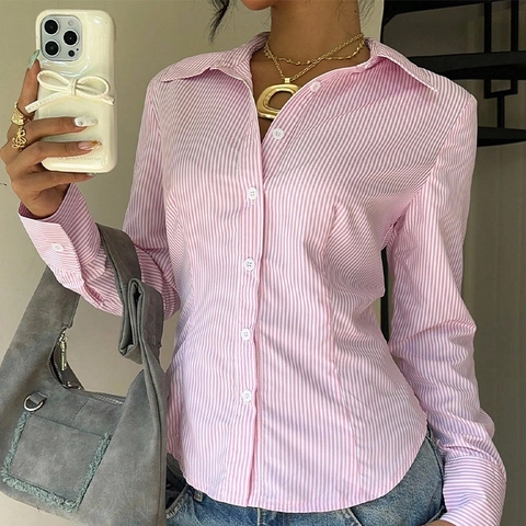 Damen Gestreiftes Hemd Mit Knöpfen Schnürung Hinten Langarm Schmal Geschnittene Bluse Büro Lässig Rosa Weiß Top