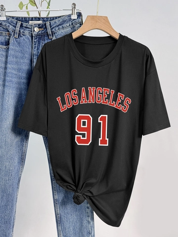Damen Casual Los Angeles Buchstaben Druck Kurzarm T-Shirt Rundhals Streetwear Sommer Locker Polyester Top