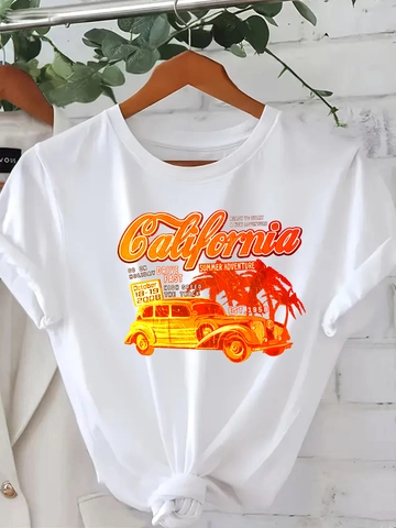 Women Casual California Graphic T-Shirt Retro Car Palm Tree Print Short Sleeve Round Neck Summer Polyester Streetwear Top