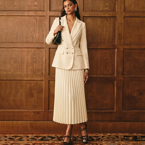 Damen Elegant Zweireihig Blazer Und Plissiert Midi Rock Outfits Vintage Einfarbig Büro Dame Anzug