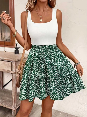 Women Summer Elegant Square Neck Sleeveless Patchwork Dress White Ribbed Top Green Floral Print Mini Vacation Dress