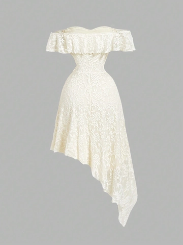 Elegante Vestido Midi de Encaje con Hombros Descubiertos para Mujer Dobladillo Irregular Línea A Crochet Floral Volantes Vestido